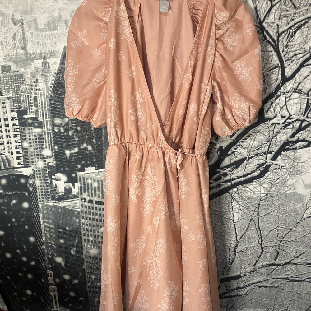 H&M Pink Midi Sundress with Puff Sleeves and Plunge Neckline